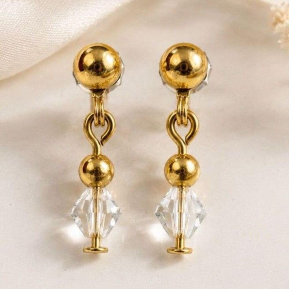 Vintage Gold Tone Crystal Drop Earrings Faceted Clear Bead Post Back